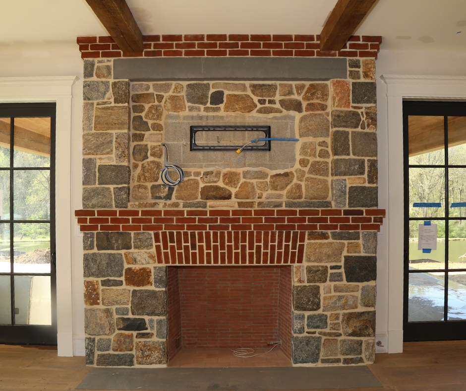 stone and brick fireplace