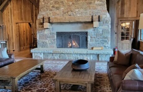 stone fireplace in lodge